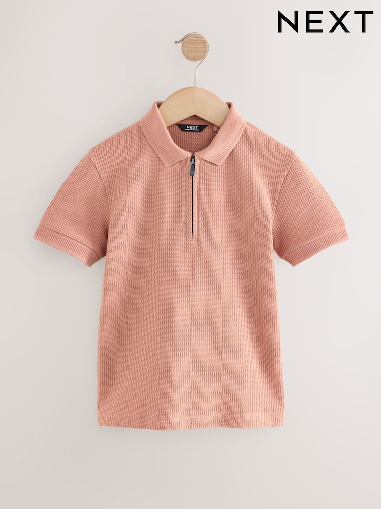 Rust Brown Textured Short Sleeve Quarter Zip Polo Shirt (3-16yrs) - Image 6 of 6