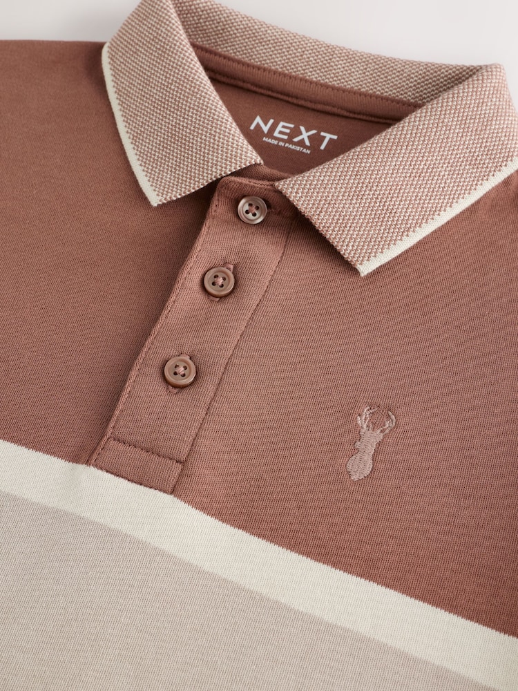 Tan/Ecru Colourblock Stripe Short Sleeve 100% Cotton Polo Shirt (3-16yrs) - Image 3 of 4