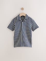 Navy Blue/ White Stripe Textured Jersey Short Sleeve 100% Cotton Shirt (3-16yrs) - Image 1 of 4