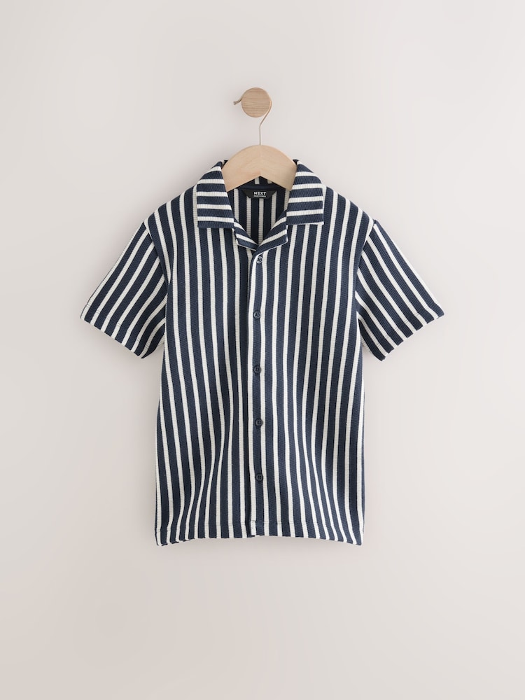 Navy Blue/ White Stripe Textured Jersey Short Sleeve 100% Cotton Shirt (3-16yrs) - Image 1 of 4