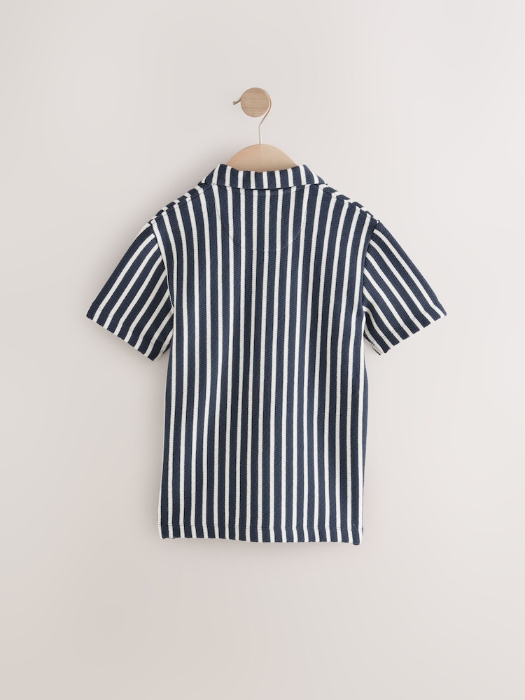 Navy Blue/ White Stripe Textured Jersey Short Sleeve 100% Cotton Shirt (3-16yrs) - Image 2 of 4