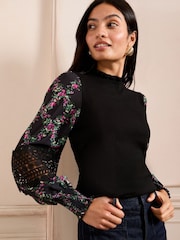 Love & Roses Black Floral Woven Sleeve Frill Neck Finge Gauge Knitted Jumper - Image 1 of 4