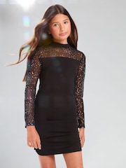 Lipsy Black Teen Glitter Mesh Ruched Dress (10-16yrs) - Image 1 of 4