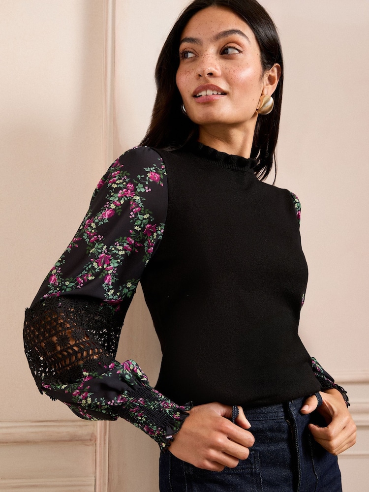 Love & Roses Black Floral Petite Woven Sleeve Frill Neck Fine Gauge Knitted Jumper - Image 1 of 4