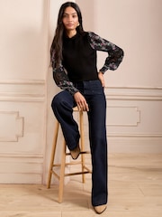 Love & Roses Black Floral Petite Woven Sleeve Frill Neck Fine Gauge Knitted Jumper - Image 3 of 4
