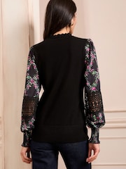 Love & Roses Black Floral Petite Woven Sleeve Frill Neck Fine Gauge Knitted Jumper - Image 4 of 4