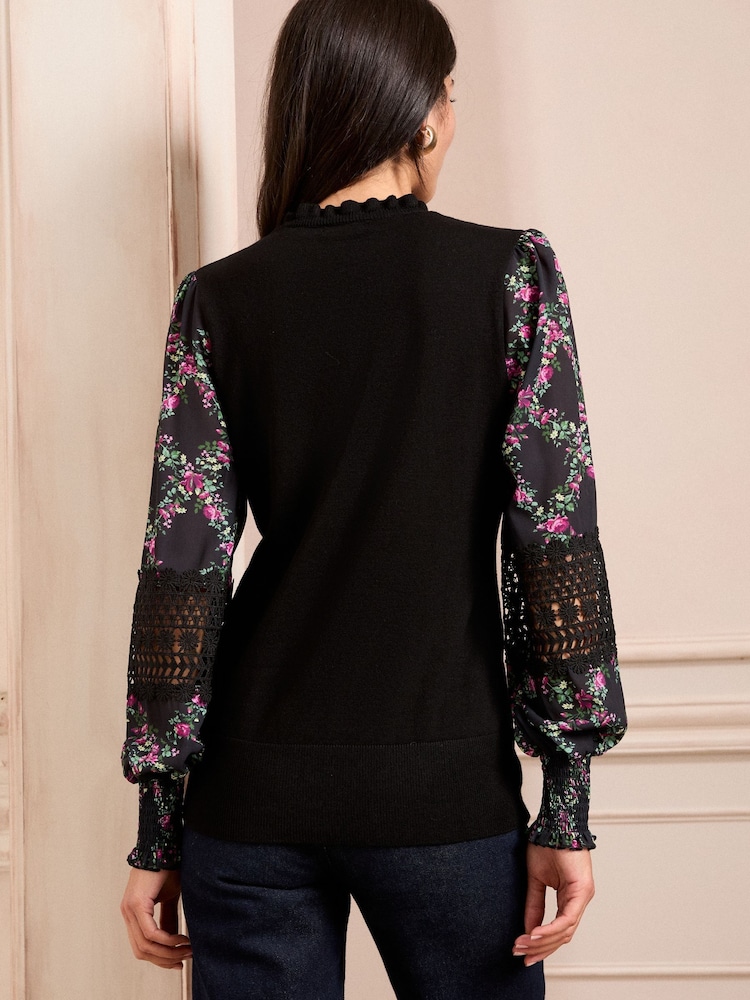 Love & Roses Black Floral Petite Woven Sleeve Frill Neck Fine Gauge Knitted Jumper - Image 4 of 4