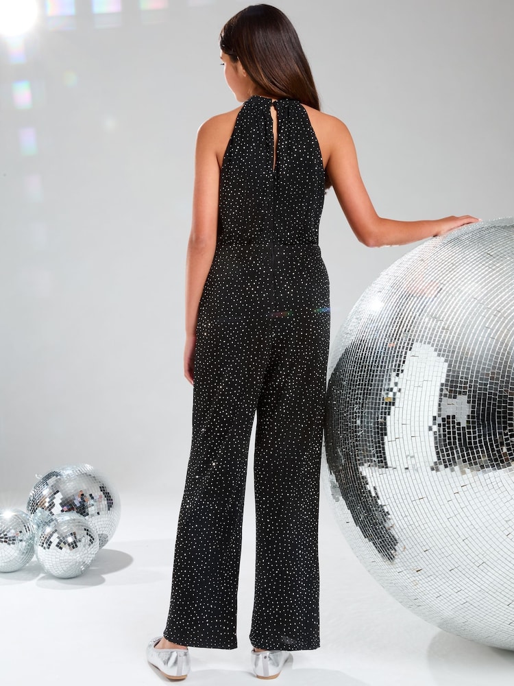 Lipsy Black Hotfix Halter Party Jumpsuit (5-16yrs) - Image 3 of 4