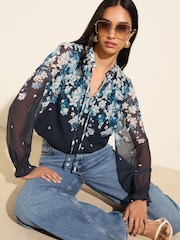 Friends Like These Blue Floral Long Sleeve Boho Tie Shirt - Image 1 of 5
