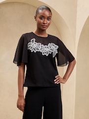 Lipsy Black/White Floral Flutter Sleeve Trim T-Shirt - Image 1 of 4
