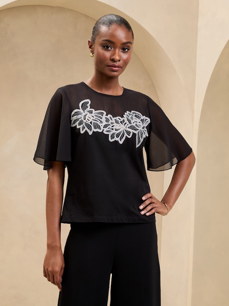 Lipsy Black/White Floral Flutter Sleeve Trim T-Shirt - Image 1 of 4