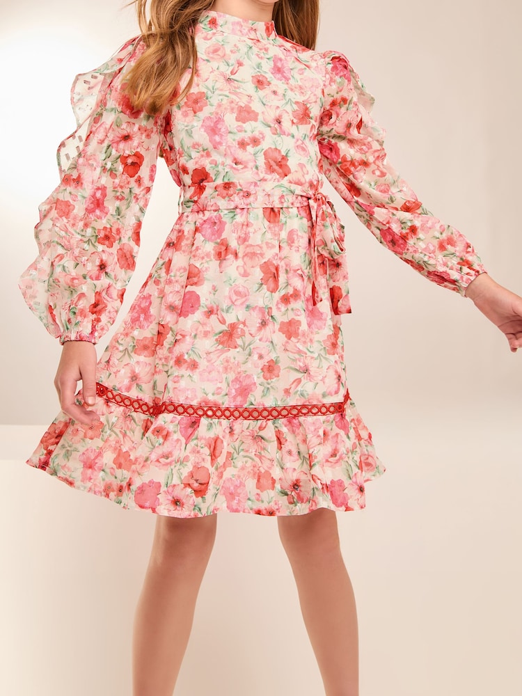 Lipsy Pink Floral Ruffle Sleeve Chiffon Sparkle Dress (5-16yrs) - Image 1 of 4