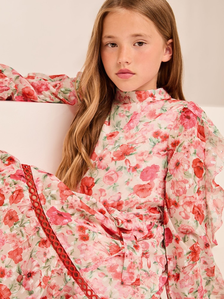 Lipsy Pink Floral Ruffle Sleeve Chiffon Sparkle Dress (5-16yrs) - Image 3 of 4