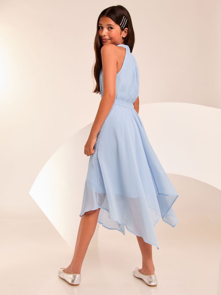 Lipsy Blue Hanky Hem Halter Occasion Dress (7-16yrs) - Image 4 of 4