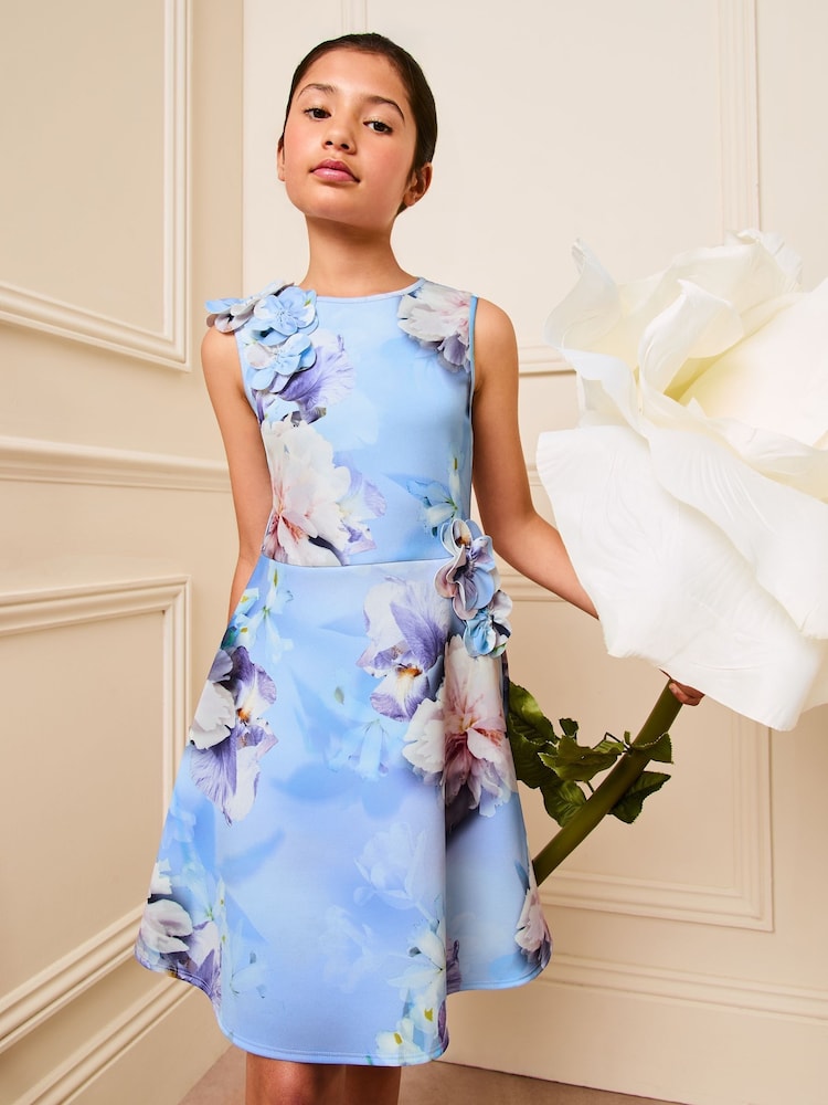 Lipsy Blue Floral Corsage Scuba Dress (5-16yrs) - Image 1 of 5