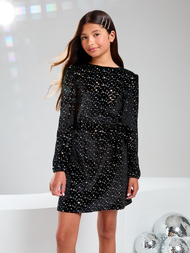 Lipsy Black Glitter Velvet Party Dress (5-16yrs) - Image 1 of 4