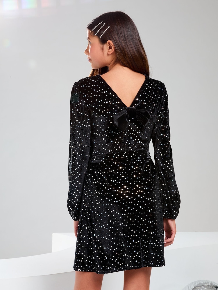Lipsy Black Glitter Velvet Party Dress (5-16yrs) - Image 4 of 4