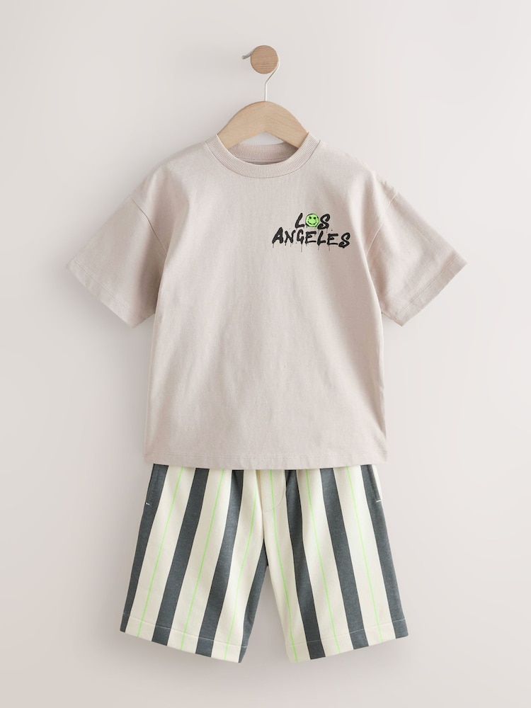 Stone Stripe Back Print Relaxed Fit Short Sleeve T-Shirt and Shorts Set (3-16yrs) - Image 6 of 10
