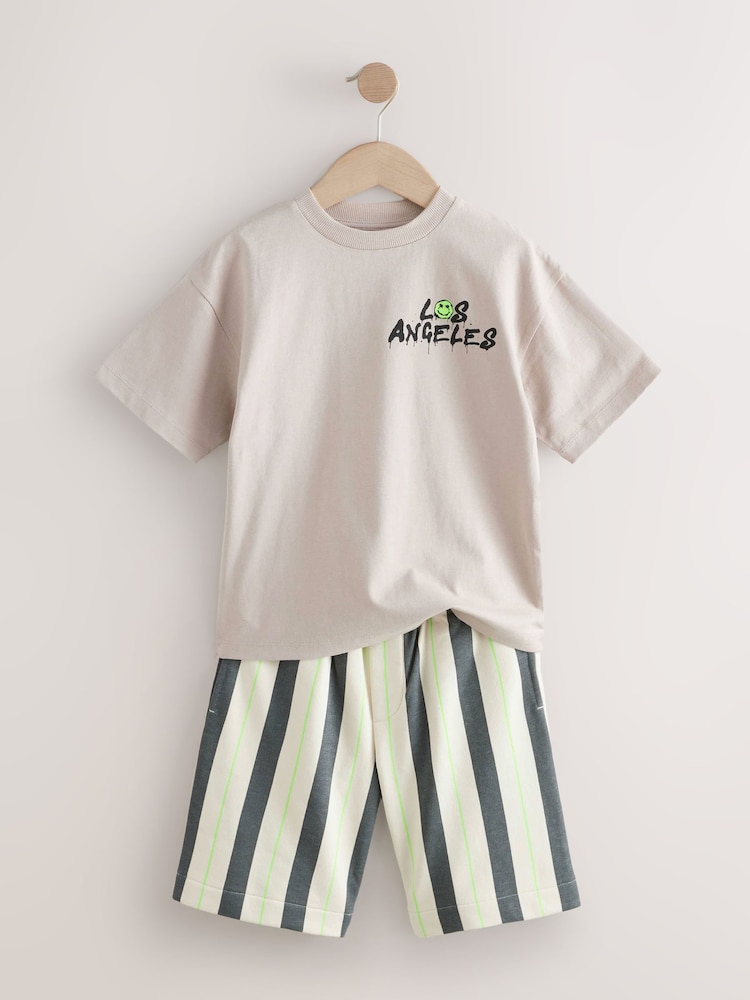 Stone Stripe Back Print Relaxed Fit Short Sleeve T-Shirt and Shorts Set (3-16yrs) - Image 7 of 10