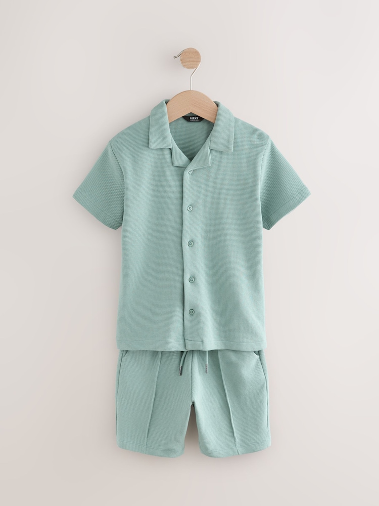 Mineral Blue Textured Revere Collar Short Sleeve Shirt and Shorts Set (3-16yrs) - Image 1 of 5