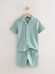 Mineral Blue Textured Revere Collar Short Sleeve Shirt and Shorts Set (3-16yrs) - Image 2 of 5