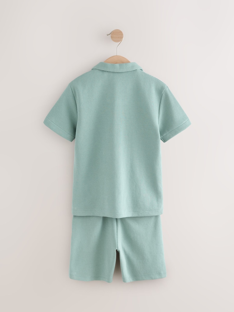כחול - Textured Revere Collar Short Sleeve Shirt and Shorts Set (3-16yrs) - Image 3 of 5