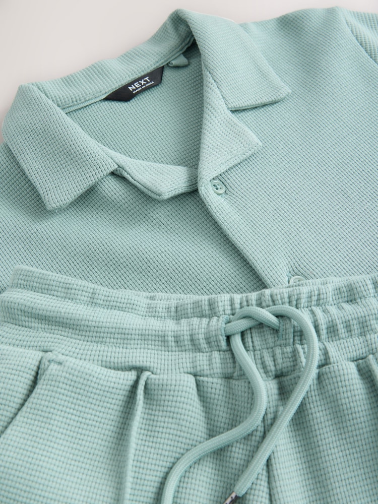 Mineral Blue Textured Revere Collar Short Sleeve Shirt and Shorts Set (3-16yrs) - Image 5 of 5