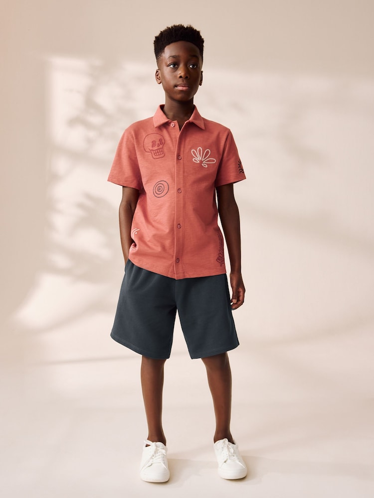 Rust/Charcoal 100% Cotton Short Sleeve Embroidered Jersey Shirt and Shorts Set (3-16yrs) - Image 1 of 10