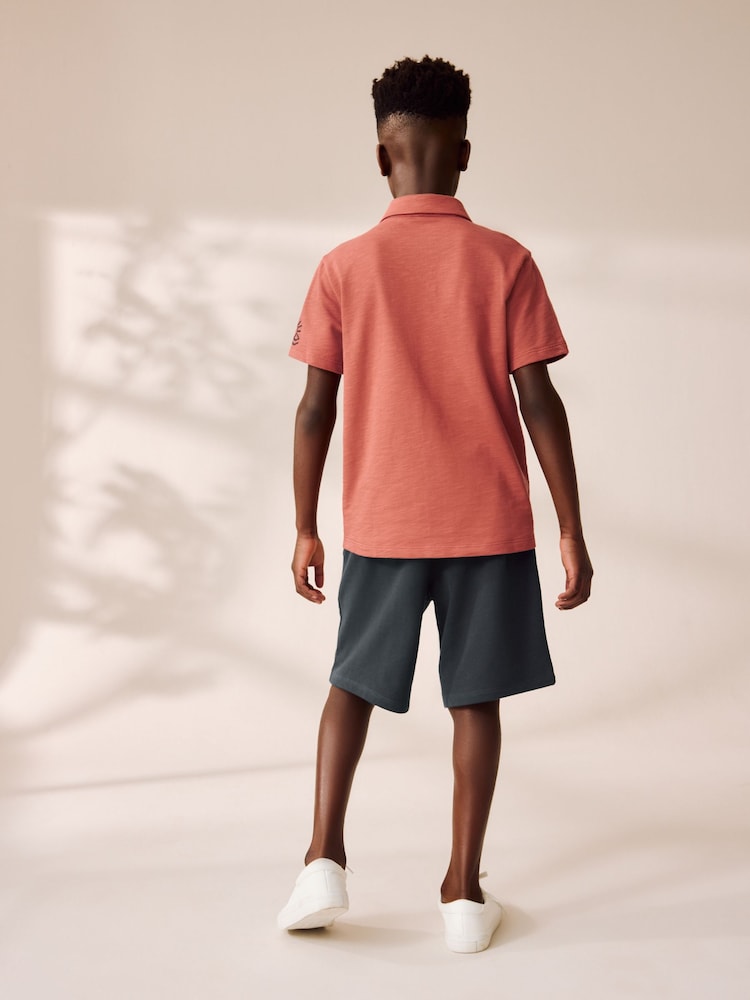 Rust/Charcoal 100% Cotton Short Sleeve Embroidered Jersey Shirt and Shorts Set (3-16yrs) - Image 2 of 10