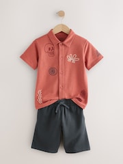 Rust/Charcoal 100% Cotton Short Sleeve Embroidered Jersey Shirt and Shorts Set (3-16yrs) - Image 7 of 10