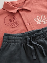 Rust/Charcoal 100% Cotton Short Sleeve Embroidered Jersey Shirt and Shorts Set (3-16yrs) - Image 9 of 10