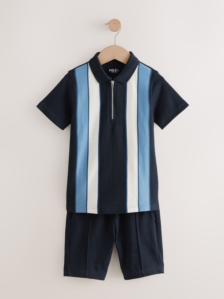 Navy/White Zip Neck Stripe Polo Shirt and Shorts Set (3-16yrs) - Image 1 of 5