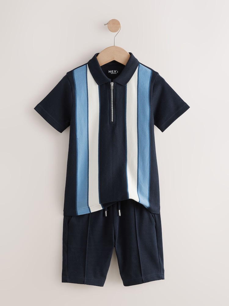 Navy/White Zip Neck Stripe Polo Shirt and Shorts Set (3-16yrs) - Image 2 of 5