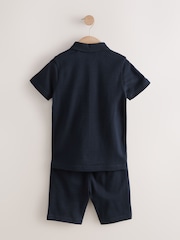 Navy/White Zip Neck Stripe Polo Shirt and Shorts Set (3-16yrs) - Image 3 of 5