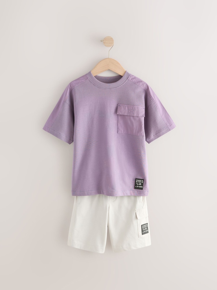 Purple/Cement 100% Cotton Utility Short Sleeve T-Shirt and Shorts Set (3-16yrs) - Image 1 of 1