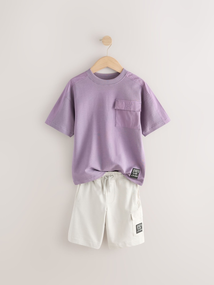 Purple/Cement 100% Cotton Utility Short Sleeve T-Shirt and Shorts Set (3-16yrs) - Image 2 of 5