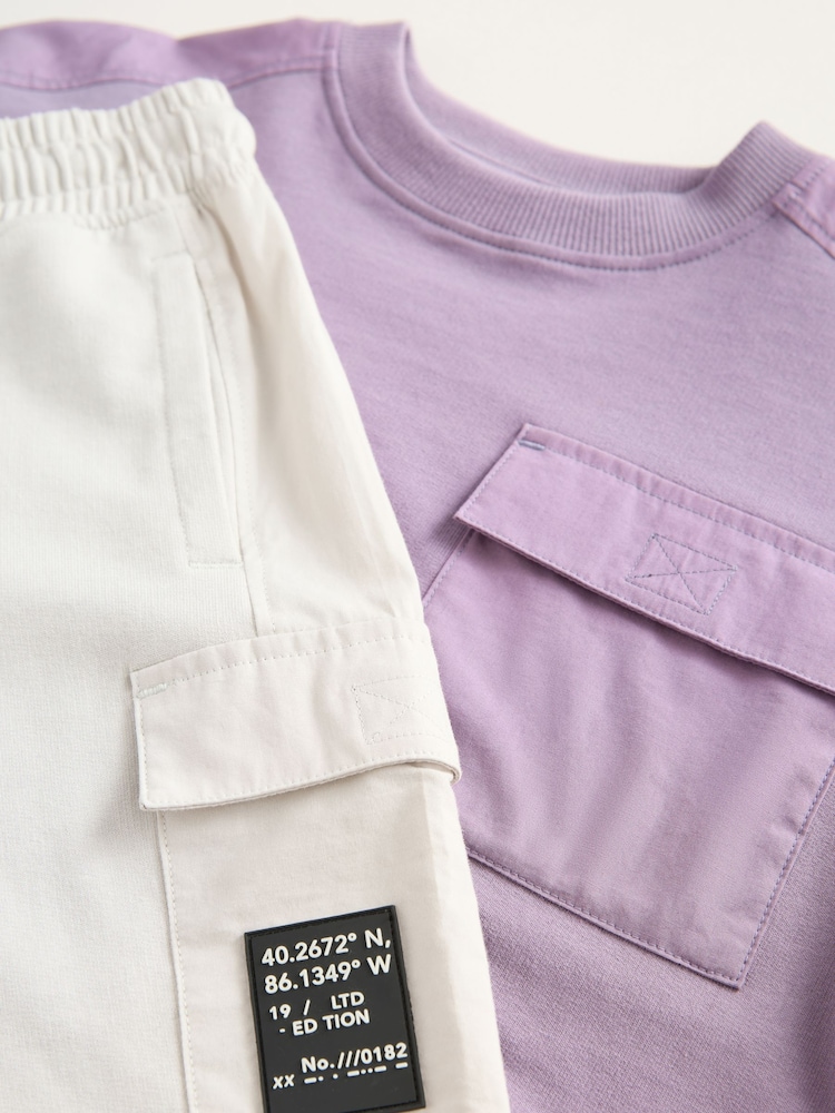 Purple/Cement 100% Cotton Utility Short Sleeve T-Shirt and Shorts Set (3-16yrs) - Image 5 of 5