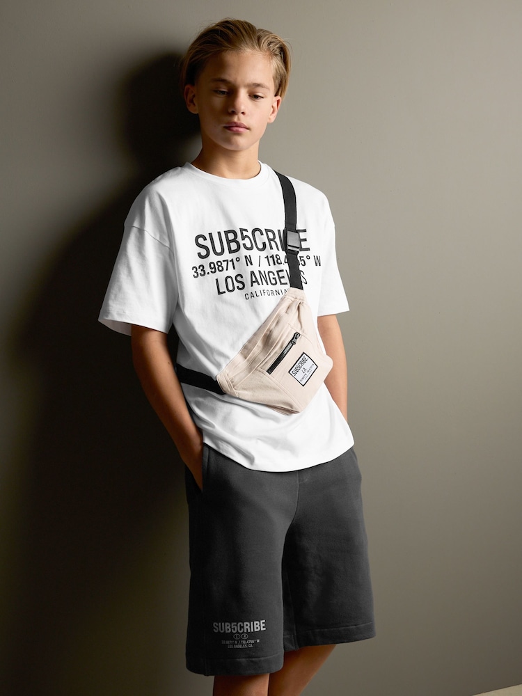 White/Charcoal Subscribe Short Sleeve Bag T-Shirt and Shorts Set (3-16yrs) - Image 1 of 10 White/Charcoal Subscribe Short Sleeve Bag T-Shirt and Shorts Set (3-16yrs) - Image 1 of 10