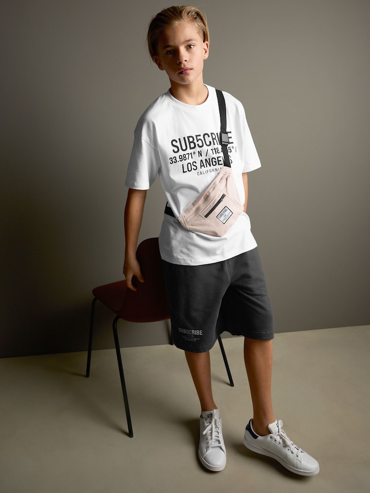 White/Charcoal Subscribe Short Sleeve Bag T-Shirt and Shorts Set (3-16yrs) - Image 2 of 10 White/Charcoal Subscribe Short Sleeve Bag T-Shirt and Shorts Set (3-16yrs) - Image 2 of 10