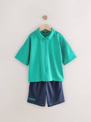 Green/Navy Short Sleeve Sports Shirt and Shorts Set (3-16yrs) - Image 9 of 13