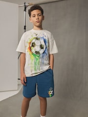 Ecru/ Blue Football Graphic Short Sleeve 100% Cotton T-Shirt and Shorts Set (3-16yrs) - Image 1 of 10