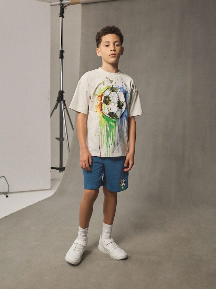 Ecru/ Blue Football Graphic Short Sleeve 100% Cotton T-Shirt and Shorts Set (3-16yrs) - Image 2 of 10
