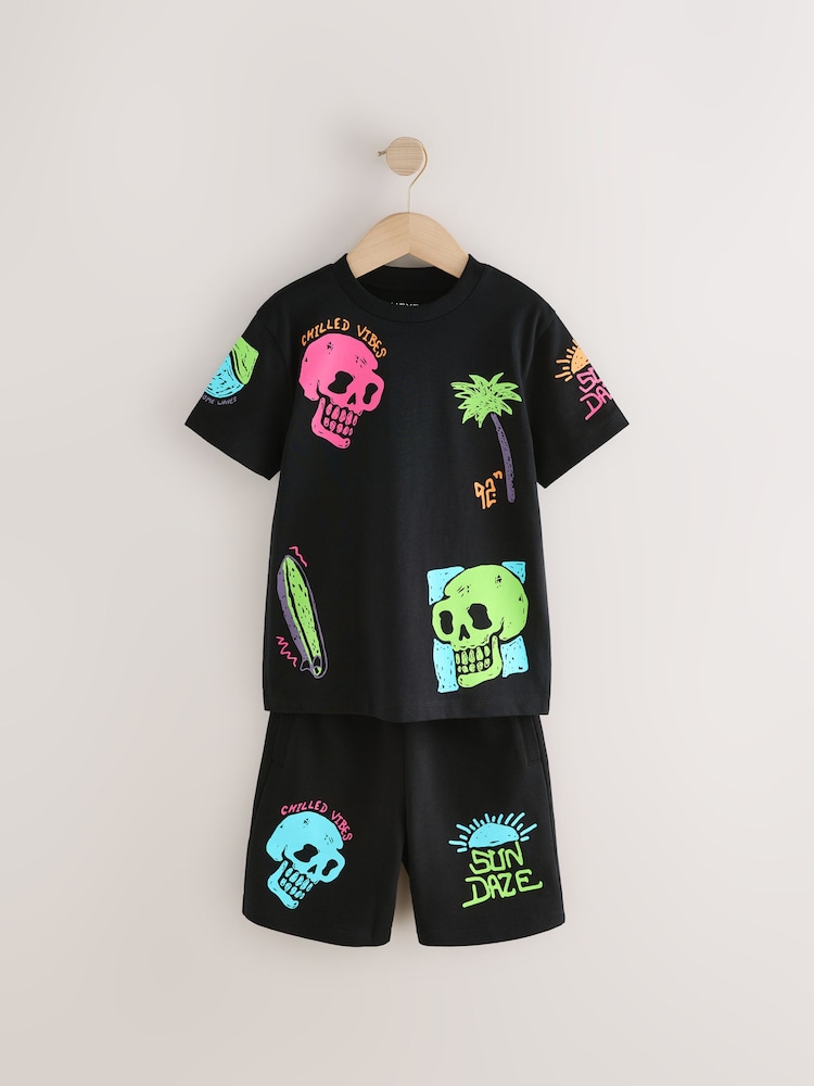 Black Regular Fit Graphic Regular Fit Short Sleeve T-Shirt and Shorts Set (3-16yrs) - Image 1 of 4