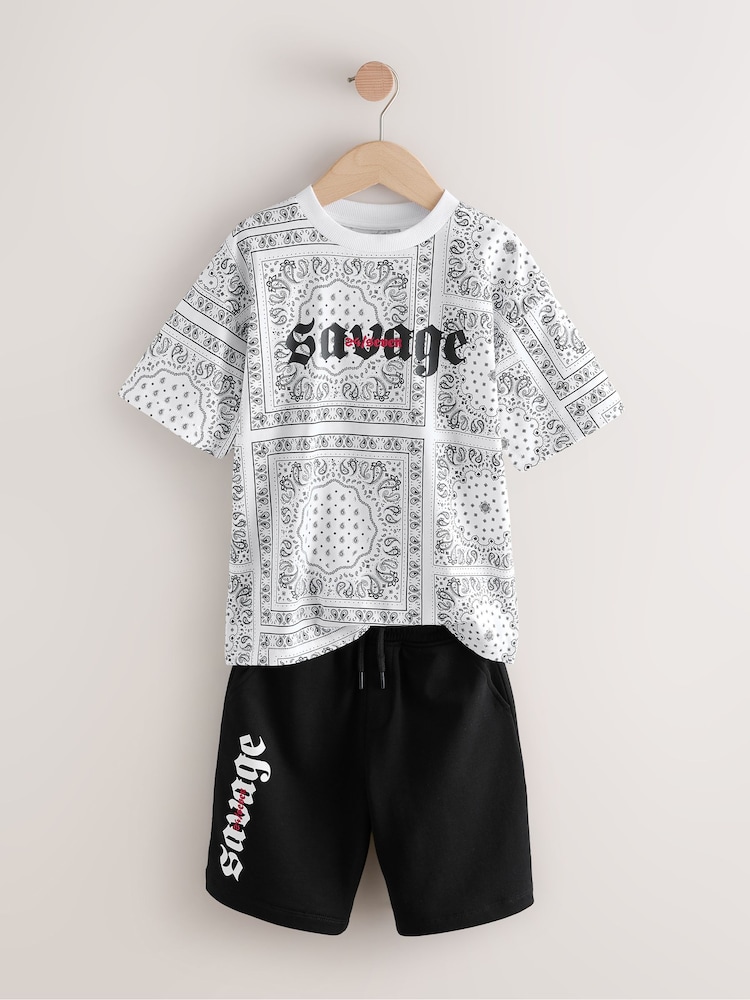 White/Black Paisley Relaxed Fit Short Sleeve T-Shirt and Shorts Set (3-16yrs) - Image 2 of 5