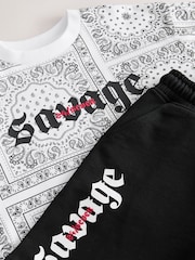 White/Black Paisley Relaxed Fit Short Sleeve T-Shirt and Shorts Set (3-16yrs) - Image 4 of 5