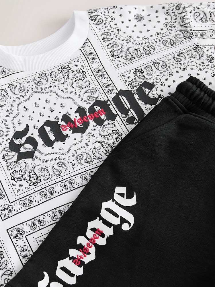 White/Black Paisley Relaxed Fit Short Sleeve T-Shirt and Shorts Set (3-16yrs) - Image 4 of 5