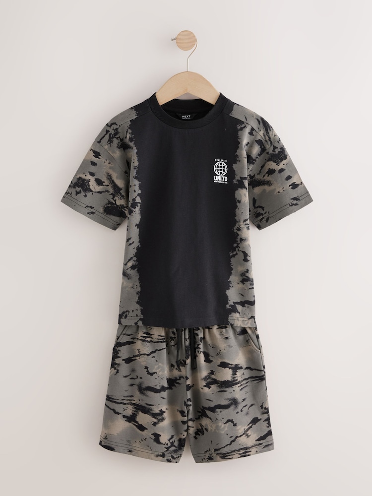 Black Tie Dye Relaxed Fit Short Sleeve T-Shirt and Shorts Set (3-16yrs) - Image 1 of 5
