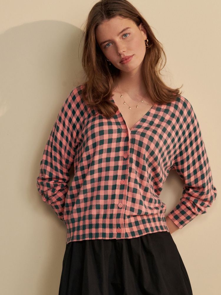 Pink Green Check Soft Touch Button Up Knitted Cardigan - Image 1 of 1