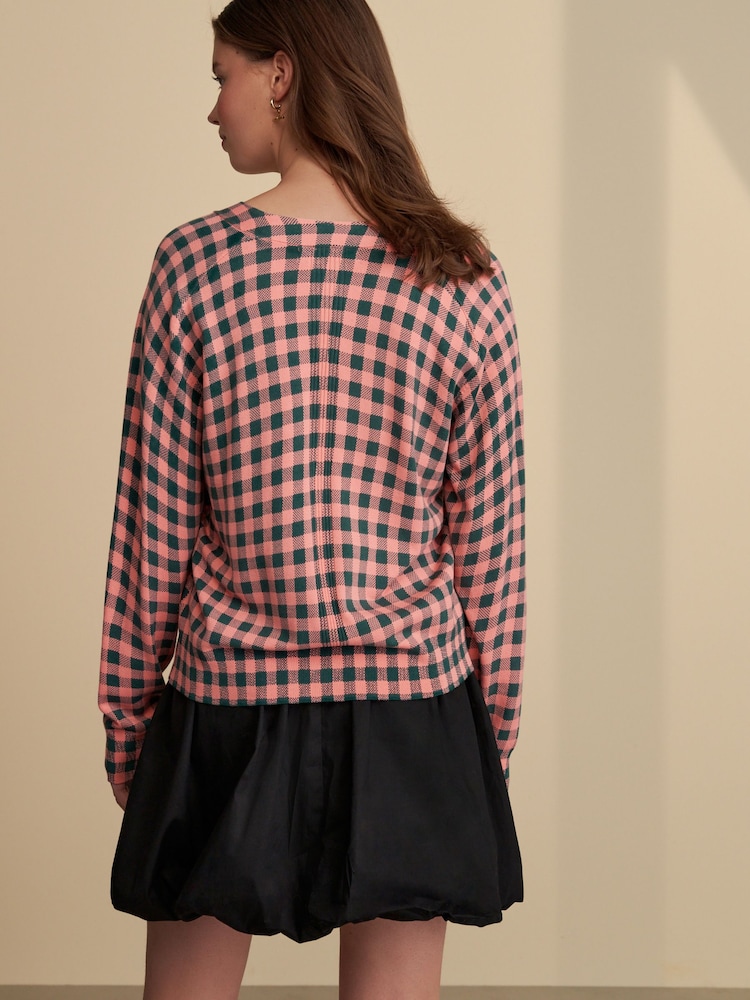 Pink Green Check Soft Touch Button Up Knitted Cardigan - Image 2 of 7