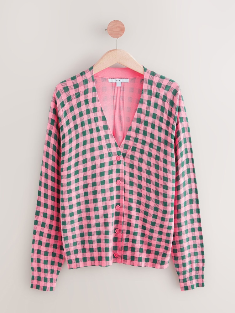 Pink Green Check Soft Touch Button Up Knitted Cardigan - Image 5 of 7